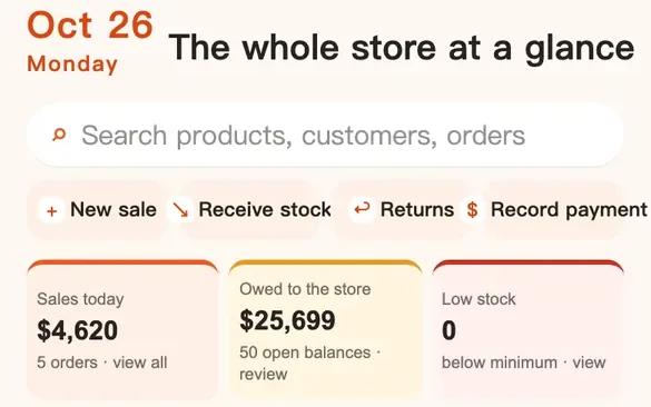 Fuqing demo screen. Home: today’s sales, what customers owe the store, and low stock.