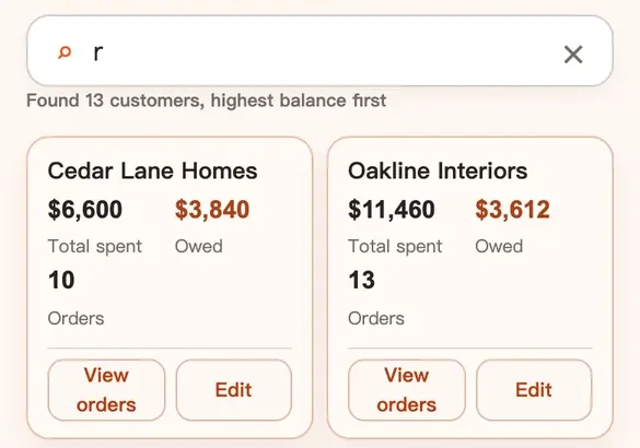 Fuqing demo screen. Customers: search, then see what each one has spent and still owes.