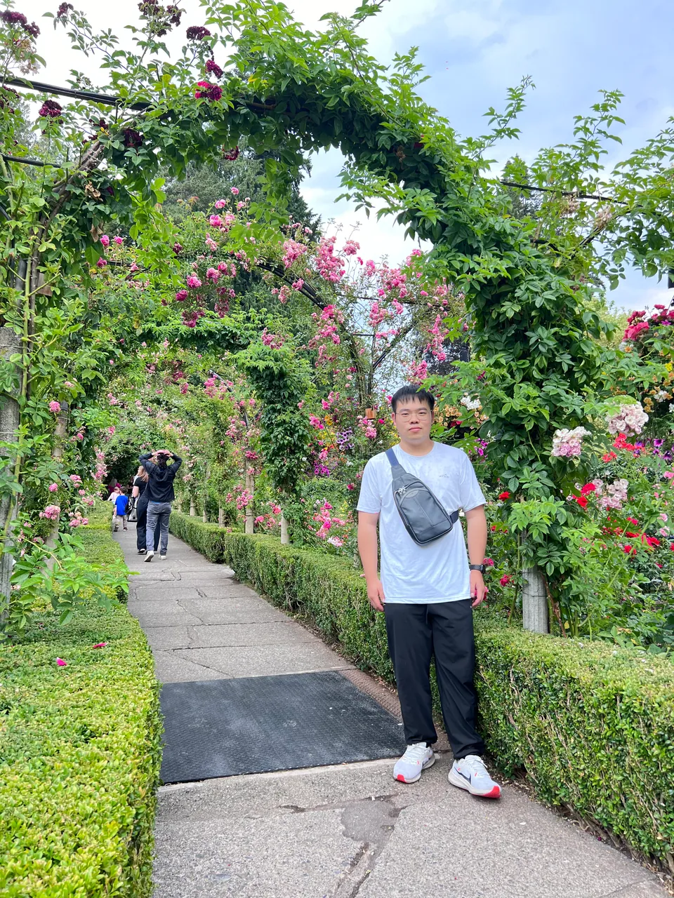 Jinhao on a path under arches covered in roses