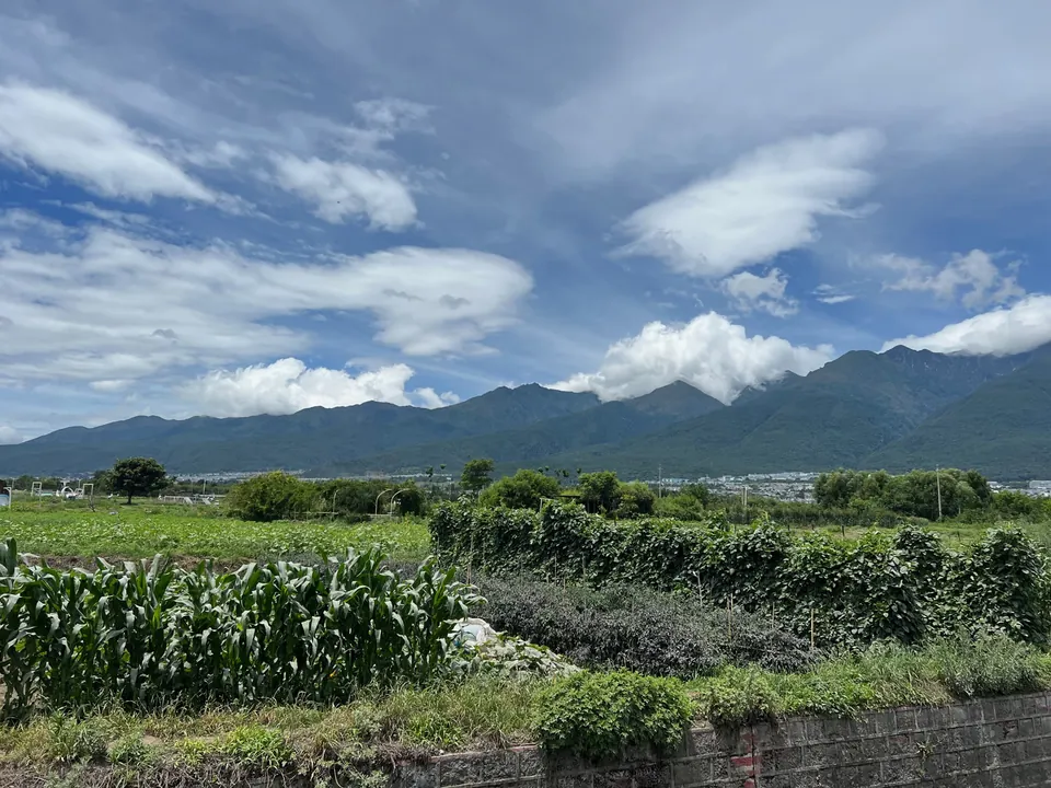Green fields below the Cangshan range and big white clouds