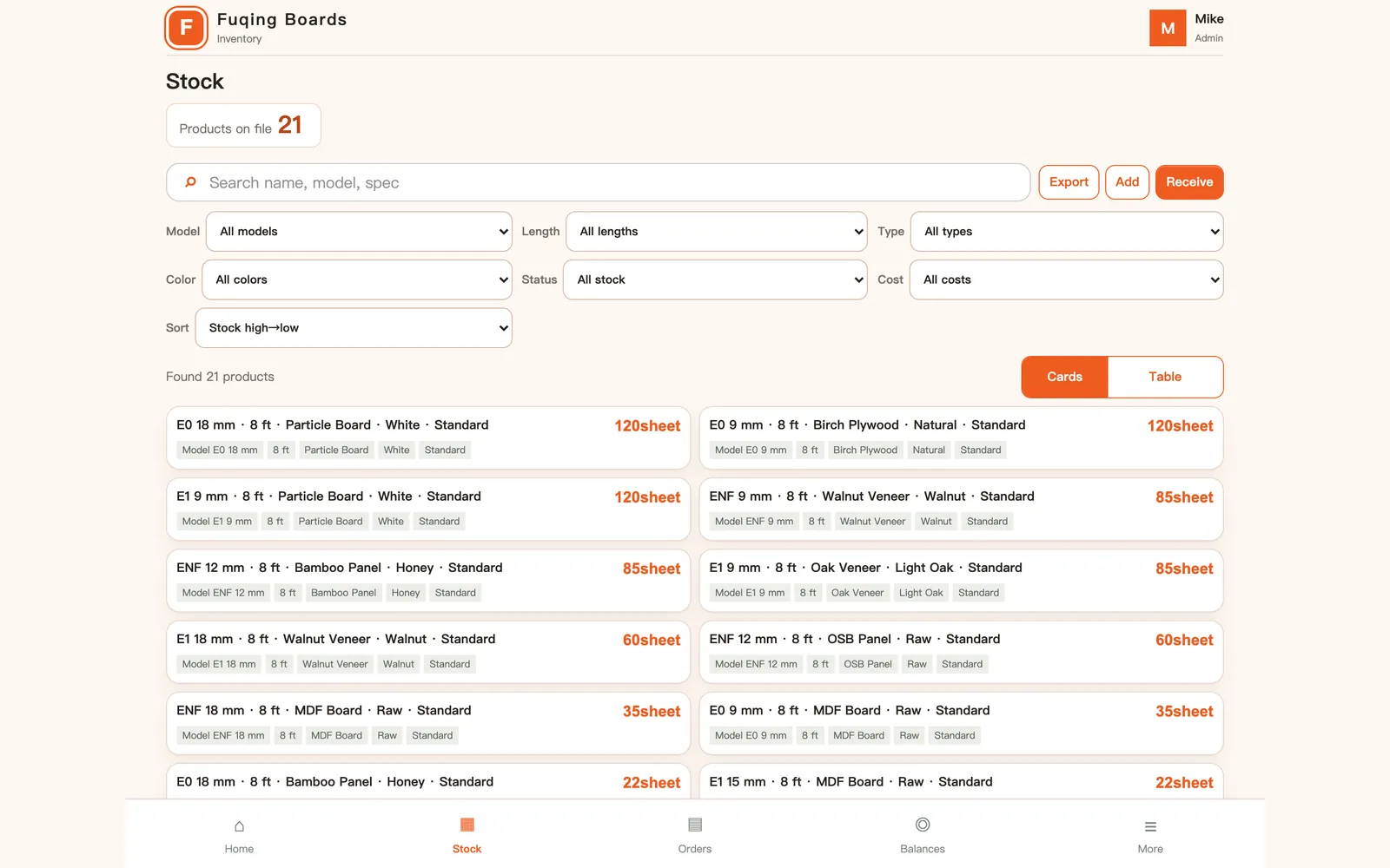 Fuqing inventory system, stock screen with illustrative data